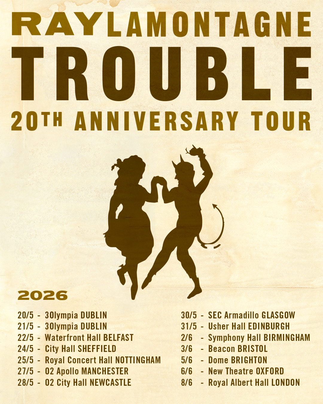 Ray LaMontagne Trouble 20th Anniversary Tour Poster 2026