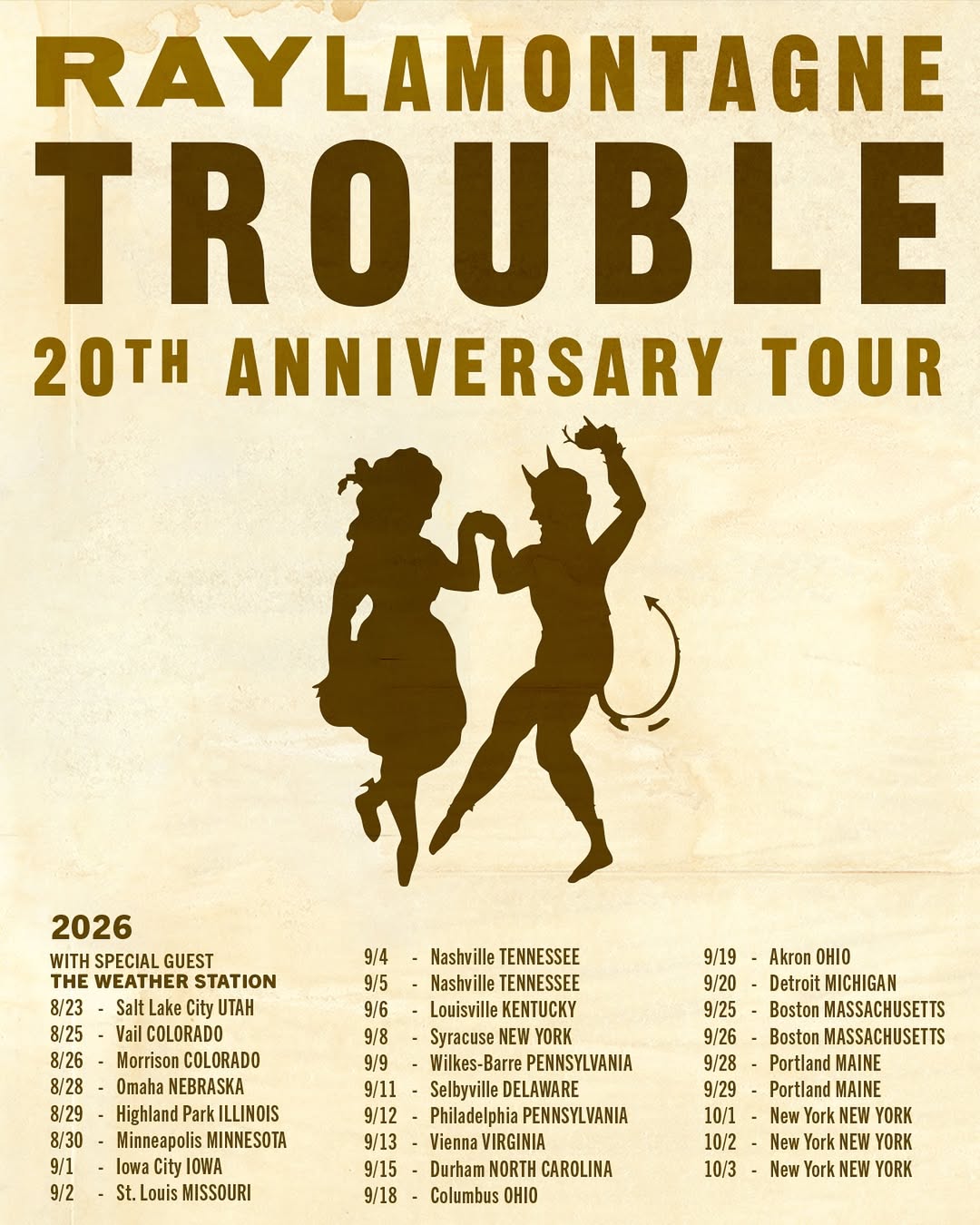 Ray LaMontagne Trouble 20th Anniversary Tour Poster 2026
